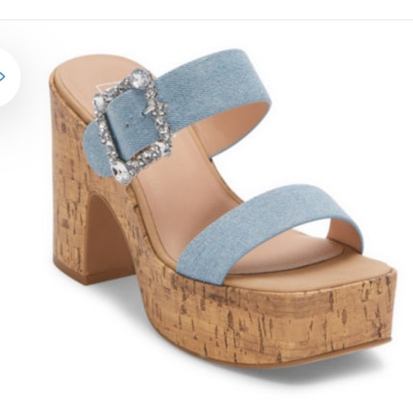 pop Shoes - NWT-pop-9M-Sharice light blue-soft denim, gemstone buckle, Cork heeled sandals.